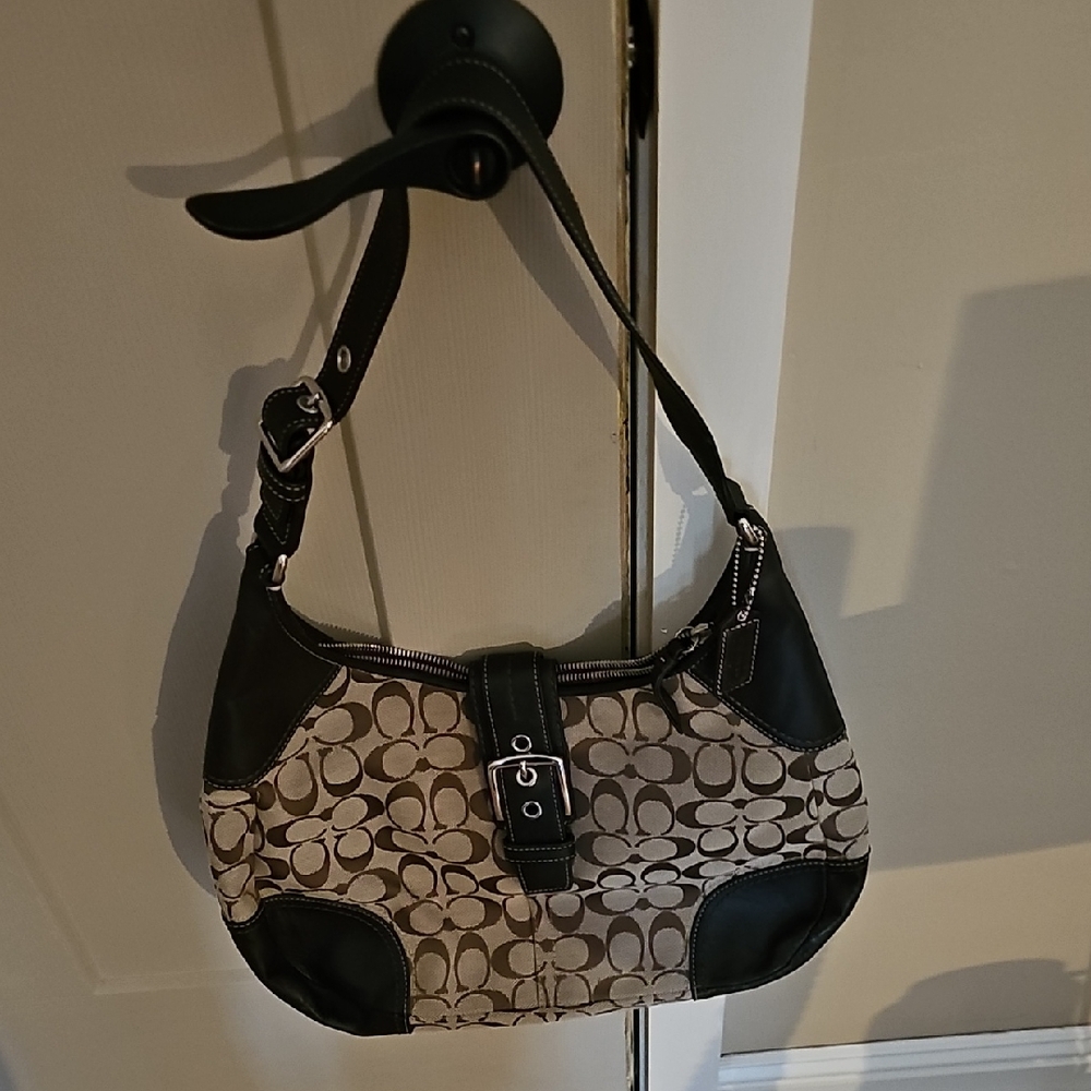 Coach Black and Tan Signature Shoulder Bag